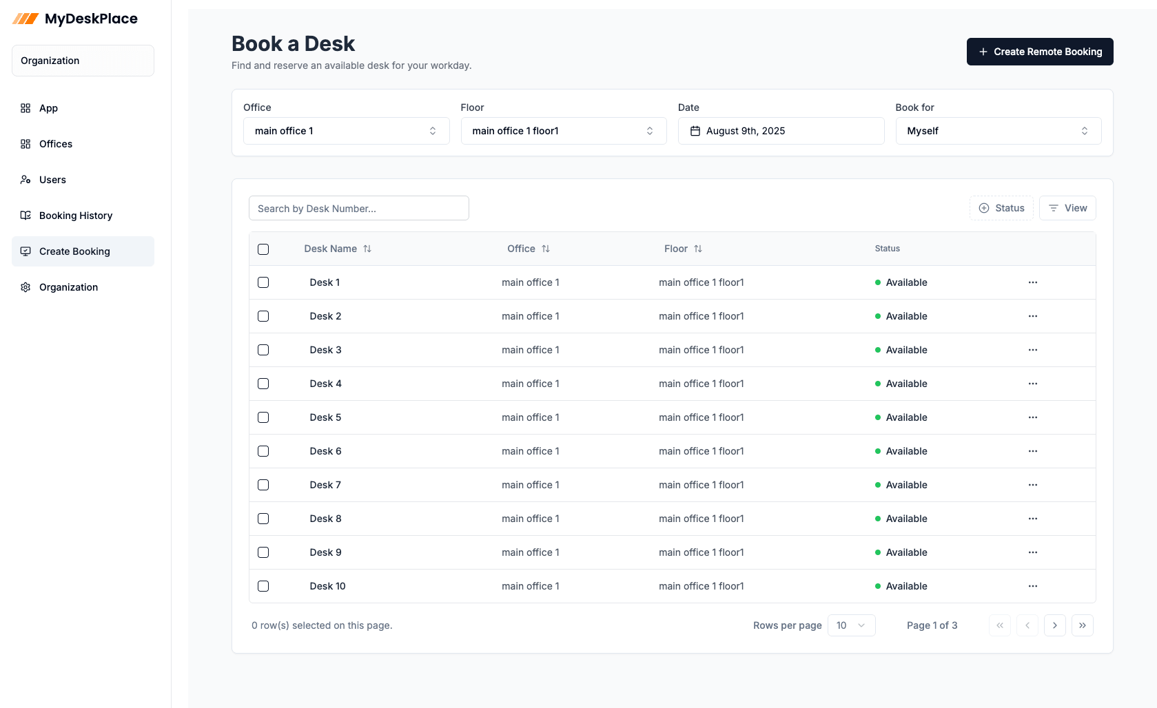 Book a Desk interface